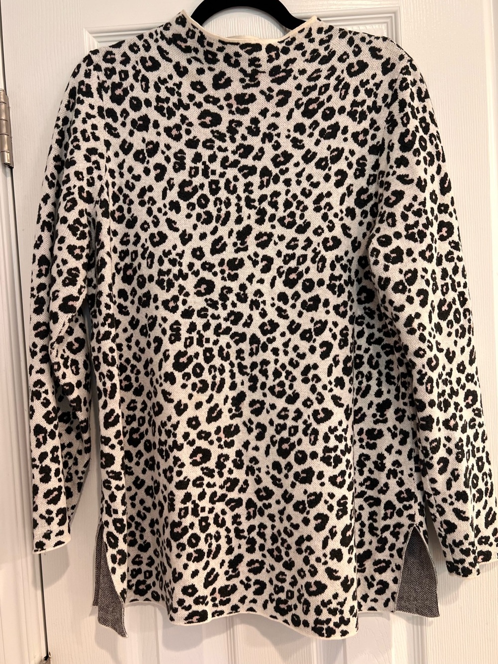 100% Cotton Sweater Mock Neck Leopard Print Cream Side Slit Long L Loft Tunic